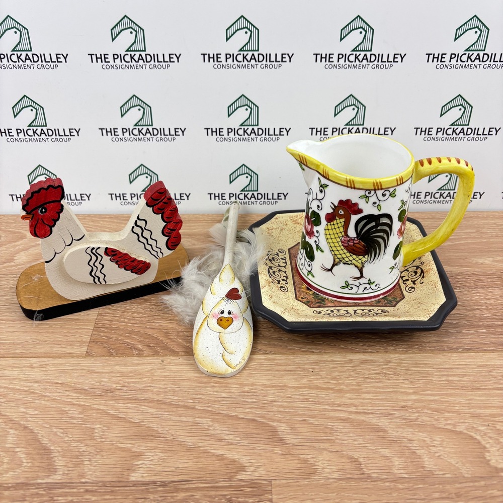 Vtg Rooster Farmhouse Kitchen Decor Set 4pc Hand Painted Wood Ceramic Folk Art